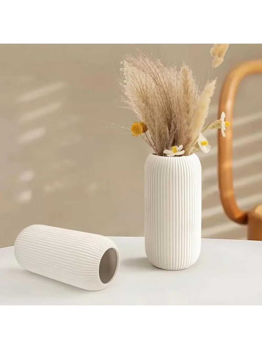 Modern Small White Ceramic Vase Flowers Ribbed Textured Farmhouse Home Livings